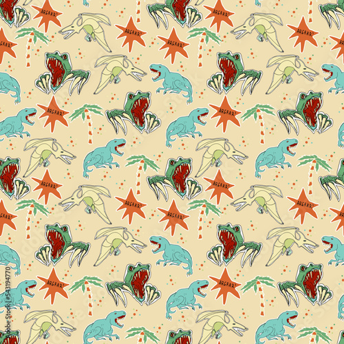 Vector seamless pattern with cartoon dinosaurs. Hand drawn doodle background for kids.