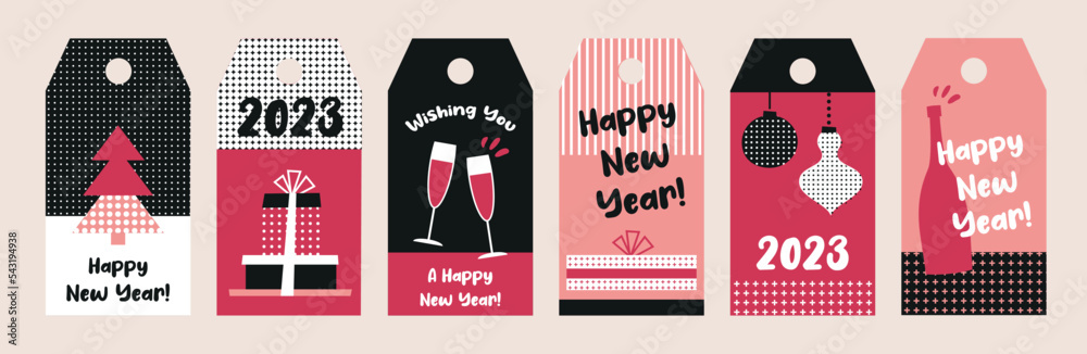 Happy New Year greeting tags- 2023 . Collection of greeting background designs, New Year, social media promotional content. illustration