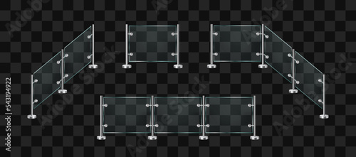 Set of glass balustrade with metal racks. Fencing sections with steel pillars. Realistic vector illustration isolated on transparent background.