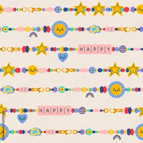 Cute beads bracelet seamless pattern. Retro colorful funky bracelet with smiley heart, star and happy text. Cartoon 00s style. Hand made, diy concept. Hand drawn Vector illustration.