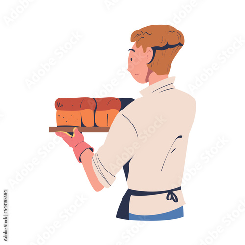 Man Baker in Apron Holding Hot Loaf on Tray with Potholder Vector Illustration