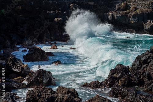 Sea waves breaking against the rocks in Tenerife. Canary Islands. Spain.