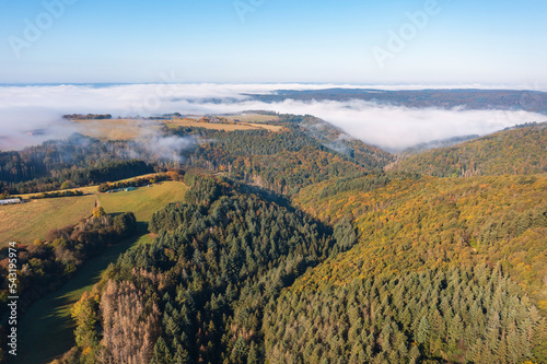 Bird's-eye view of the countryside around Presberg/Germany with fog over the Wispertal photo