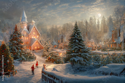 Valokuvatapetti Christmas village with Snow in vintage style