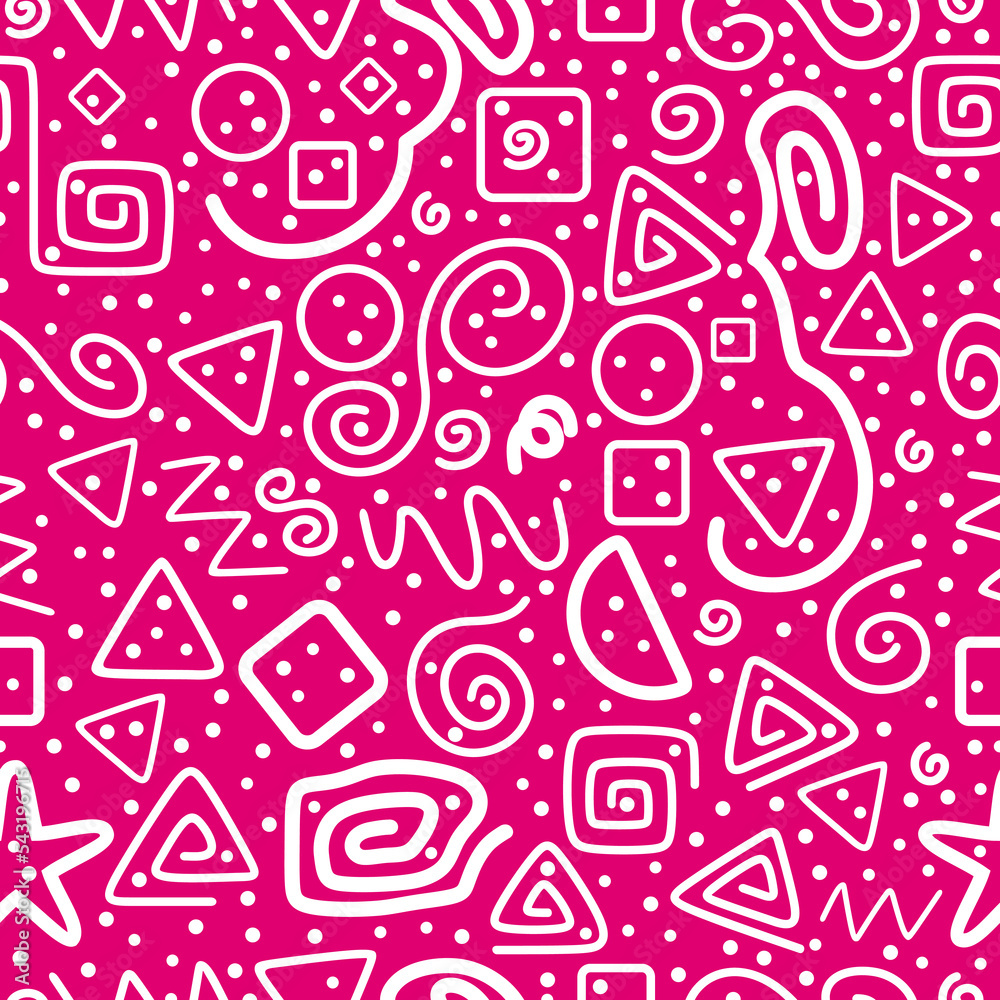 Pink seamless pattern. Triangles, serpentine, dots, square spirals, circles, squares and zigzag. Fun white line doodle shape background. Abstract. Textile, print, fabric, wrapping paper. Pink seamless pattern. Triangles, serpentine, dots, square spirals, circles, squares and zigzag. Fun white line doodle shape background. Abstract. Textile, print, fabric, wrapping paper.