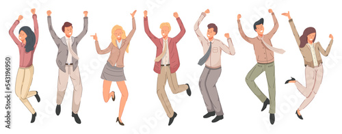 Happy business people rejoice and jump for joy vector illustration. Cheerful employees celebrating victory. 