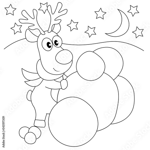 A cute deer wearing a scarf is building a snowball fort. Coloring book for children