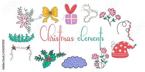 Christmas element set designed in doodle style on a white background For Christmas themed decorations, card design, digital prints, stickers, gifts, scrapbook and more.