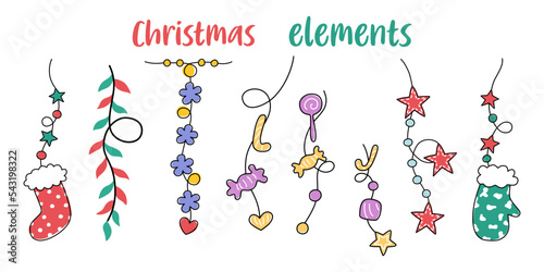 Christmas element set designed in doodle style on a white background For Christmas themed decorations, card design, digital prints, stickers, gifts, scrapbook and more.