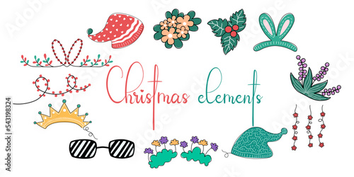 Christmas element set designed in doodle style on a white background For Christmas themed decorations, card design, digital prints, stickers, gifts, scrapbook and more.