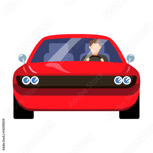 Front view of reckless car, cartoon vector illustration. .Male driver alone without passengers in car