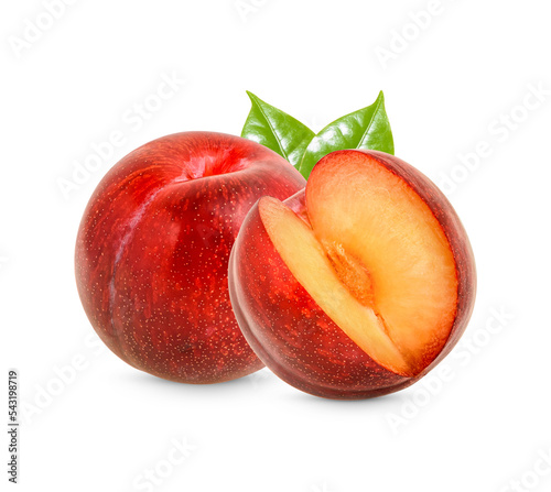 Fresh Red plum with leaves isolated on transparent background (.PNG)