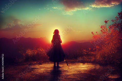 Signle woman musician playing cello alone in nature with impressive sunset view  photo