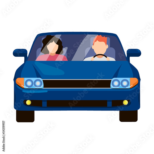 Front view of Married couple driving car cartoon vector illustration. Female and male characters in car