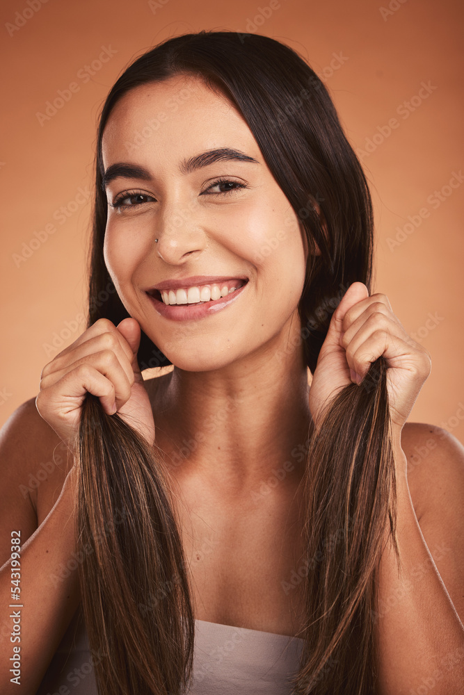 Portrait, happy and beauty woman with healthy hair and skin smiling against orange studio background. Latino model with skincare wellness and natural beauty with smile with strong healthy haircare Portrait, happy and beauty woman with healthy hair and skin smiling against orange studio background. Latino model with skincare wellness and natural beauty with smile with strong healthy haircare
