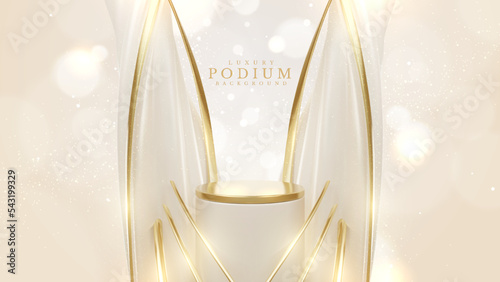 Product display podium with golden curve line element and glitter light effects decorations and bokeh. 3d realistic luxury background. Vector illustration.