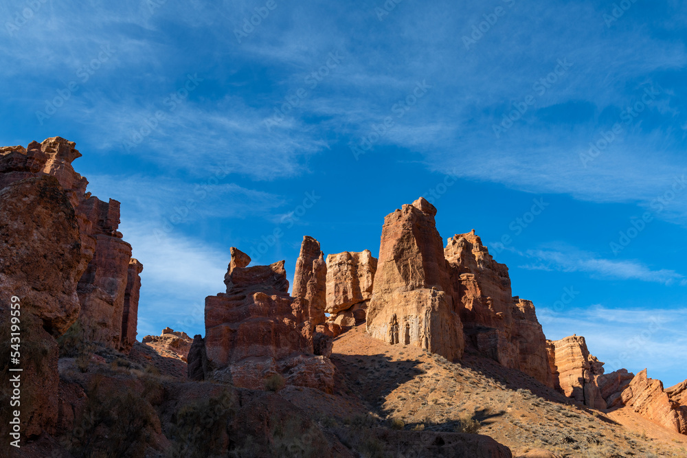 Picturesque mysterious castles in the Charyn Canyon (Kazakhstan) on an autumn day