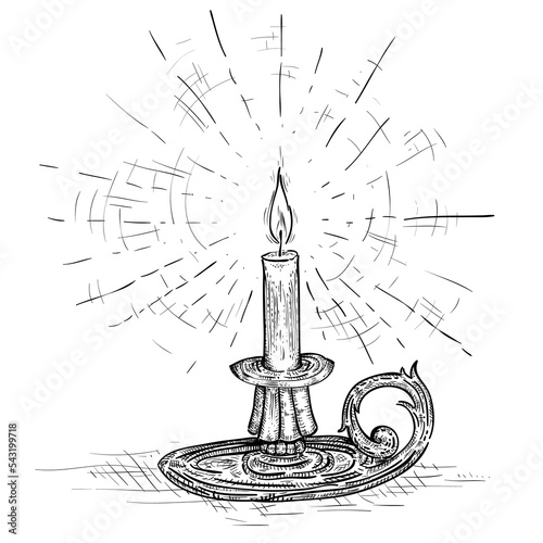 PNG transparent lit candle on retro candlestick burning with bright light