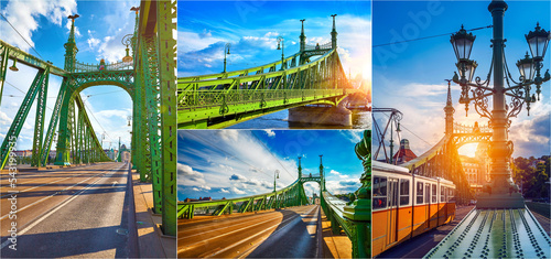 Collage mix set of Road at Freedom bridge on Danube river in Budapest city, Hungary. © Yasonya