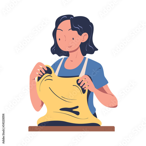 Woman Baker in Apron Kneading Dough Vector Illustration