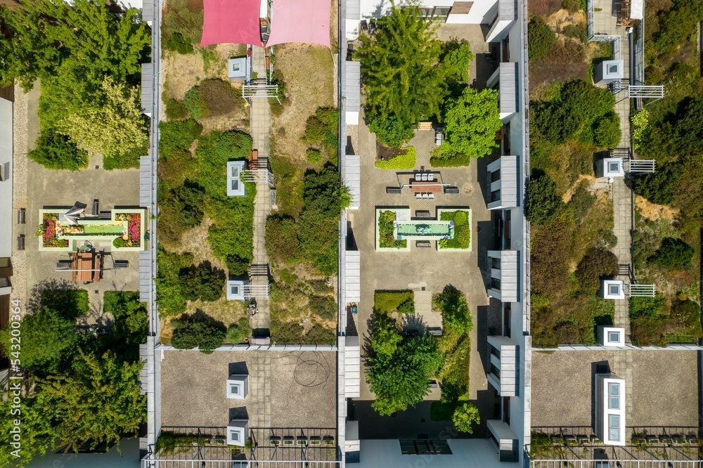 Roof gardens in warsaw, aerial view.