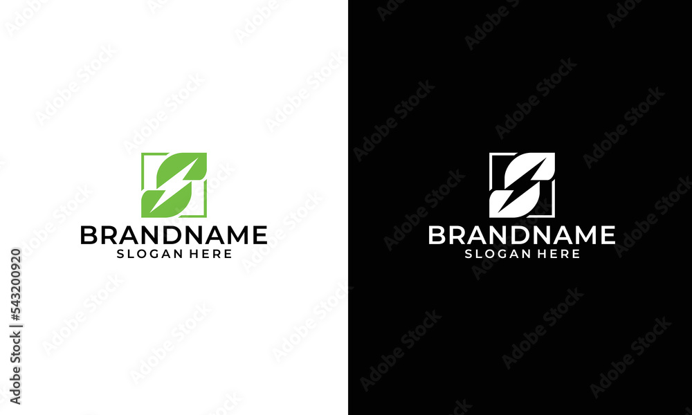 Modern logo design letter S, lighting bolts and leaves on white and black background