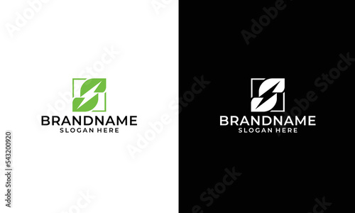 Modern logo design letter S, lighting bolts and leaves on white and black background