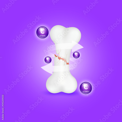 Vitamin C circle ball purple help strengthen bone not to be broken or decay on purple background. Skeleton x ray scan concept. Healthy knee bone.Medical or healthcare. 3D Realistic Vector.