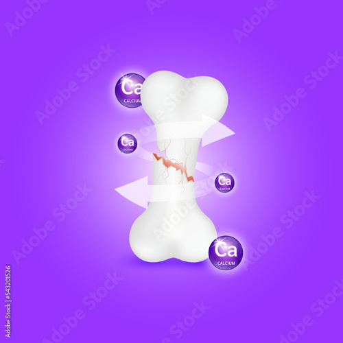 Vitamin minerals Calcium (Ca) circle ball purple dark help strengthen bone not to be broken or decay on purple background. Skeleton x ray scan concept. Healthy knee bone. Medical or healthcare.