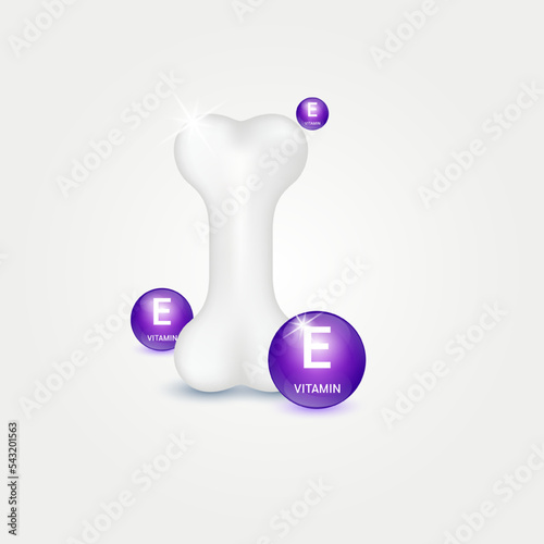 Vitamin E ball purple help strengthen bone. Healthy knee bone human bone anatomy. Skeleton x ray scan concept therapy. Medical or healthcare. Isolated on white background. Realistic 3d Vector.	