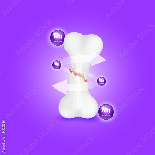 Vitamin minerals Magnesium (Mg) circle ball purple help strengthen bone not to be broken or decay on purple background. Skeleton x ray scan concept. Healthy knee bone.Medical or healthcare.	