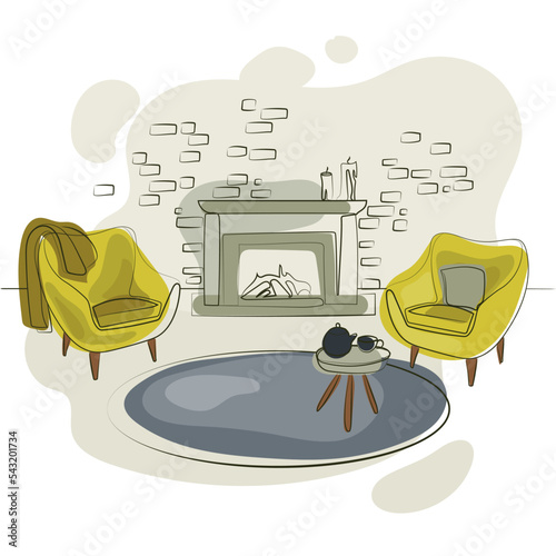 Living room with fireplace and two armchairs and coffee table simple line drawing vector illustration.Cozy Modern living room interior design in minimalist style,sketch drawing,poster