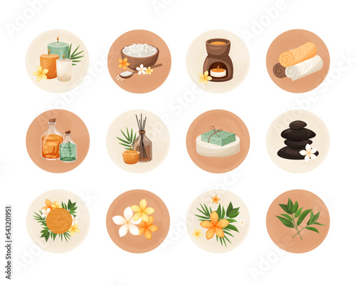 Stickers spa cosmetics and care accessories. Highlights of items for spa treatments and social media icons. Vector cartoon round icon of elements on white background
