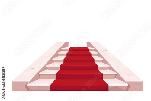 Marble elegant stairs castle fairy interior with red carpet, medieval object in cartoon style isolated on white background. Ui game asset, indoor construction, stage