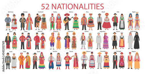Big set of men and women in folk costumes from different countries. Set of people in ethnic clothes. Character for children. Flat vector illustration.