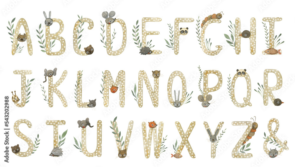 Watercolor set with cute alphabet. Funny letters with animals and greenery