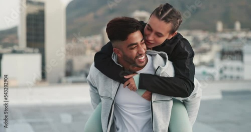 Fitness, couple and cheek kiss for piggyback, romance or sports exercise together in the city outdoors. Happy man and woman relax, hug or love for sport training, workout and healthy relationship
