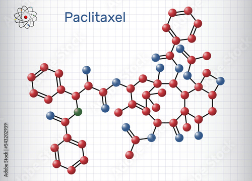 Paclitaxel, PTX molecule. It is taxoid chemotherapeutic agent. Structural chemical formula, molecule model. Sheet of paper in a cage photo
