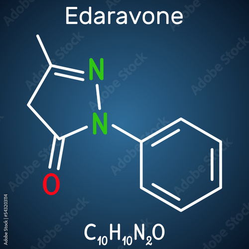 Edaravone molecule. It is used for treatment of amyotrophic lateral sclerosis ALS. Structural chemical formula on the dark blue background