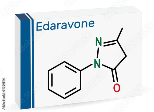 Edaravone molecule. It is used for treatment of amyotrophic lateral sclerosis ALS. Skeletal chemical formula. Paper packaging for drugs