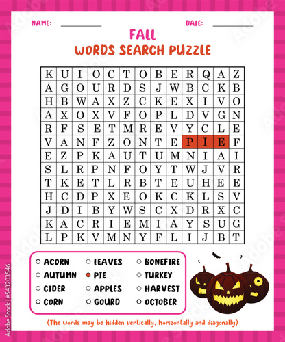 Word search game fall word search puzzle worksheet for learning english.
