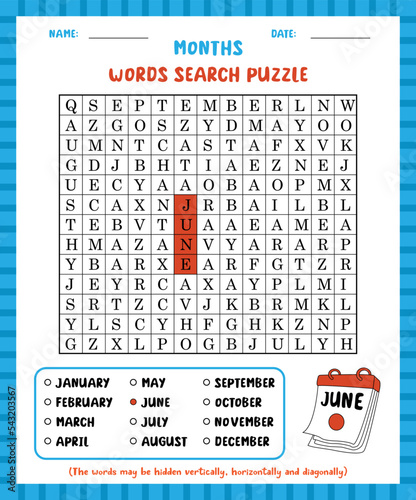 Word search game months word search puzzle worksheet for learning english. photo
