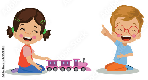 cute kids playing with toy train