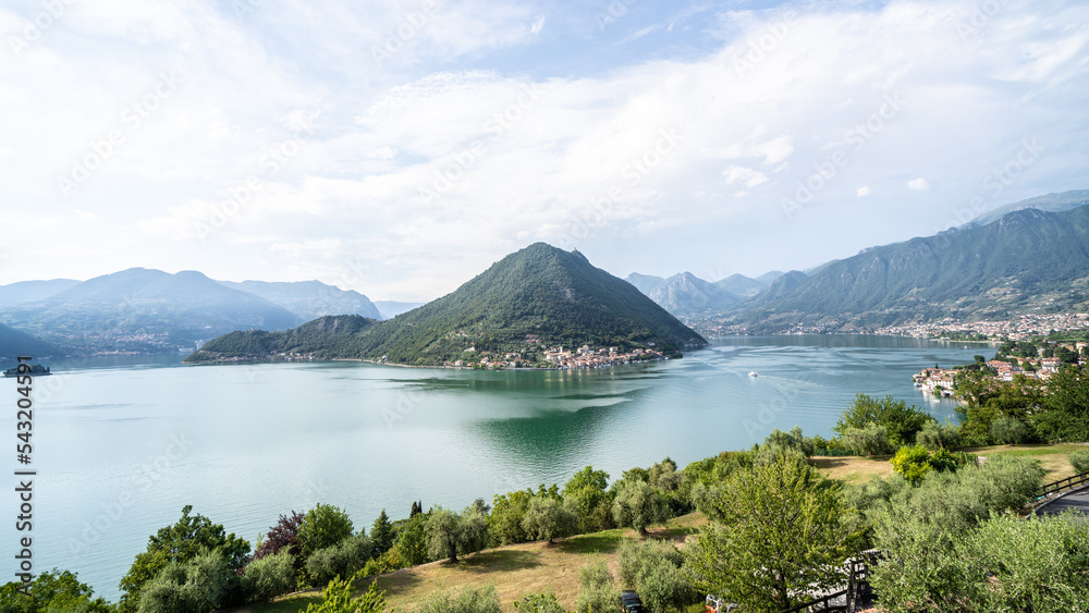 View of Iseo lake and Siviano village in Italy. Summer in Europe.