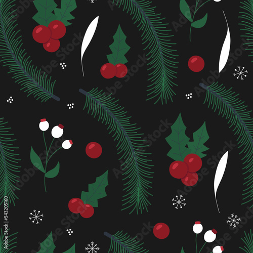 Christmas seamless pattern. Vector holiday illustration with fir branches, holly, snowflakes. Xmas surface design for textile, fabric, wrapping, paper, packaging	