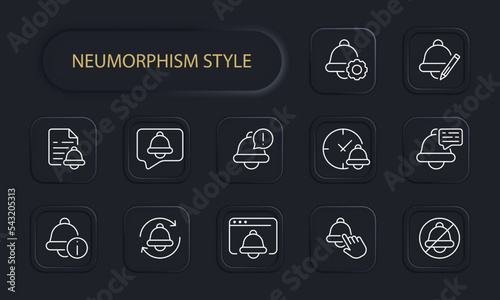 Bell set icon. Alarm clock, reminder, file, event scheduling, setting, notification, allert, restart, ringtone, silent mode, important notice, time management. Punctuality concept. Neomorphism style. photo