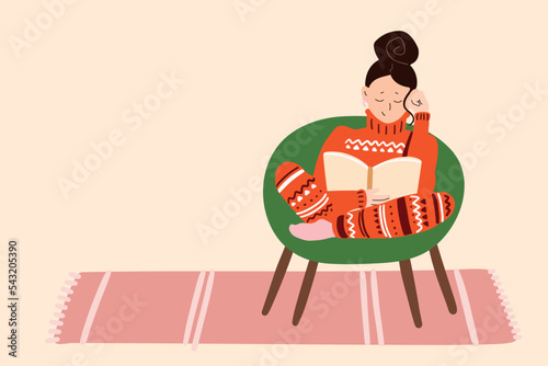 Hand painted vector illustration with young woman in warm clothes reading at home. Sustainable home heating option, temperature at home