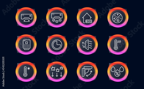 Conditioner set icon. Air conditioning, Air filtration, cold, heat, virus, fan, propeller, filter, air humidification, filtration, thermometer, etc. Fresh air concept. Glassmorphism style.