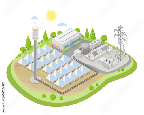 solar thermal power plant stations simple concept ecology clean energy no emission technology for electrical isometric vector
