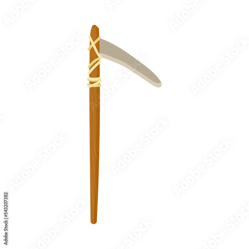 Ancient hoe from wood and stone vector illustration. Primitive equipment from stone and wood of prehistoric people or barbarians for hunting isolated on white background. History, Stone age concept